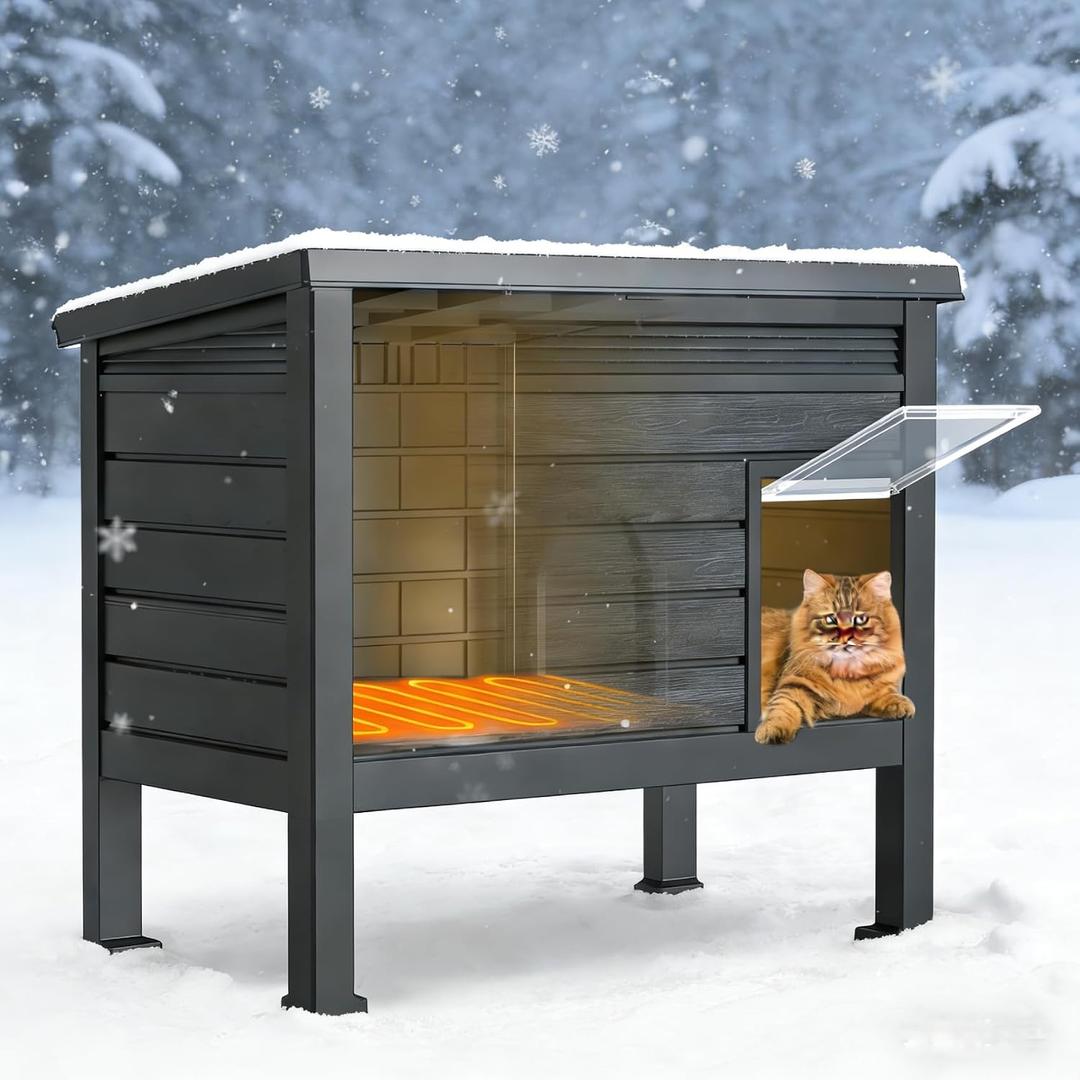 Suteck Heated Outdoor Cat House, Plastic Cat House Weatherproof, Elevated Feral Cat Shelter for Winter, Outside Cat House with Heated Pad