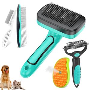 5 PCS Self Cleaning Slicker Brush & Undercoat Rake & Bath Brush & Flea Comb & Pet Comb & Steam Brush for Dogs and Cats,Professional Deshedding Dematting Tool for Long and Short Haired Pets (Green 6 PCS)