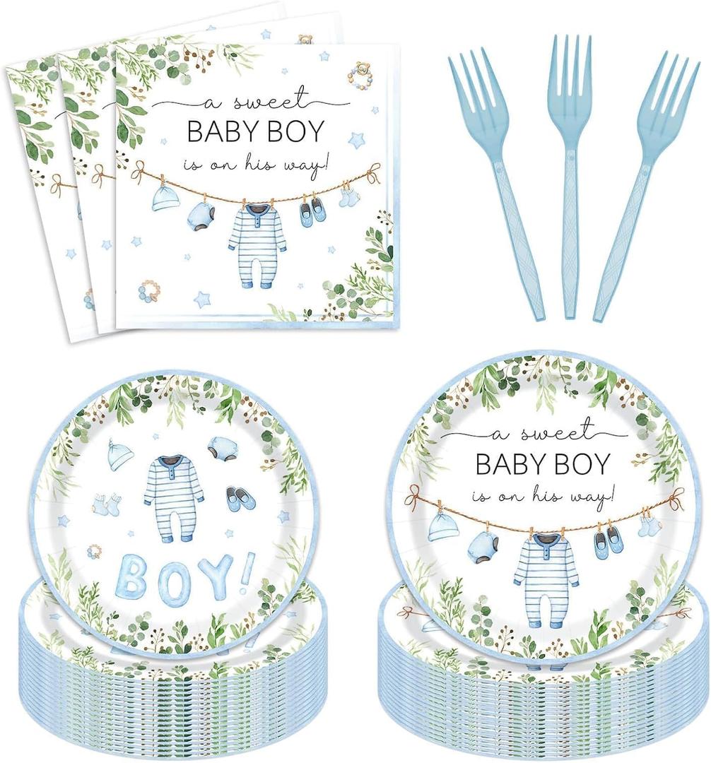 96PCS Boy Baby Shower Party Decoration A Sweet Boy Is On His Way Paper Plates Napkins Disposable Tableware Greenery Baby Shower Party Supplies for Boys Serve 24