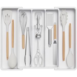 Lifewit Utensil Organizer for Kitchen Drawers, Expandable Cooking Utensil Tray, Adjustable Cutlery Silverware Flatware Holder, Plastic Spatula Tools Storage Divider, 13-22 x 15", White