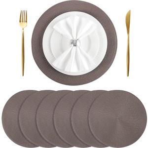 Placemats Set of 6, Round Placemats for Dining Table, Washable Woven Non-Slip Placemats, 15 inch, Brown