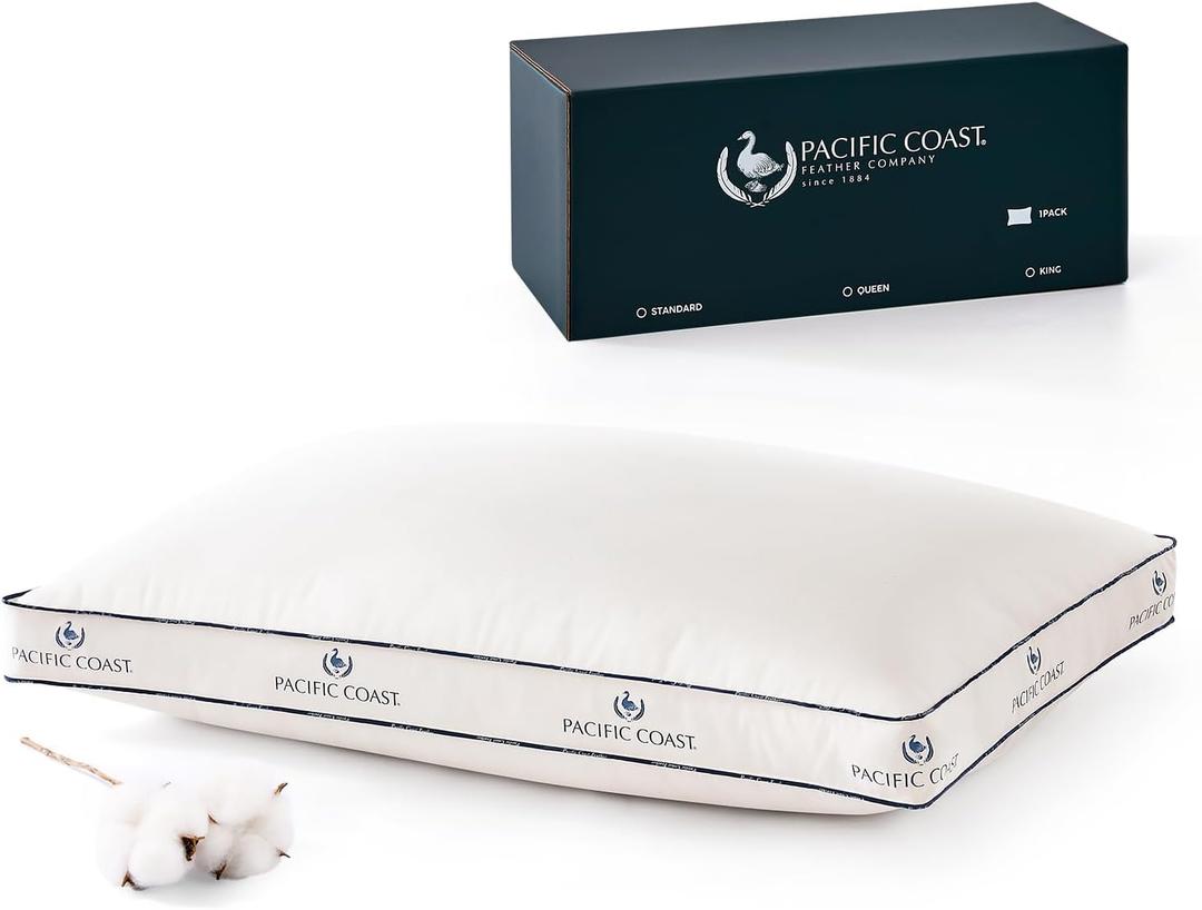 Pacific Coast Goose Firm Bed Pillows of Standard Size, 100% Organic Cotton Cover, Gusseted Design for Sleeping, Feather and Down Pillows of Hotel Collection