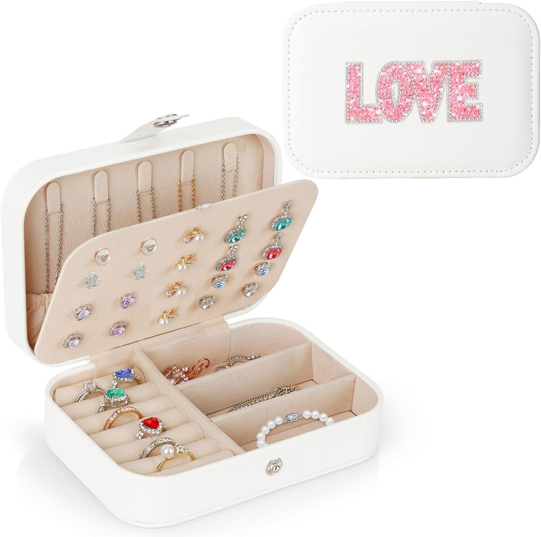 Bling Love Rhinestone Jewelry Box Gifts for Teen Girls Kids Women,Trendy Sparkly Jewelry Case,Glitter Cute Travel Jewelry Box Organizer,Personalized Holiday Christmas Gifts,Small Size (White-Love)