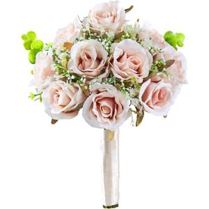 Pink Champagne Roses 10 in, Fake Flowers Wedding Bouquets for Bride, Wedding Silk Artificial Flowers 10pcs for Wedding Party, Ceremony, Anniversary & Home Decor (Come with 3 Styles of 4.5 ft Ribbons)