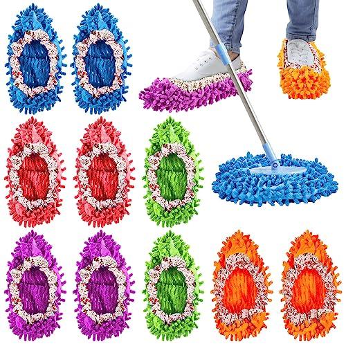 Toulite 10 Pcs 5 Pairs Mop Slippers Shoes for Floor Cleaning Washable Reusable Duster Slippers Microfiber Cleaning Socks for Men Women Sweeper Tools, 5 Colors