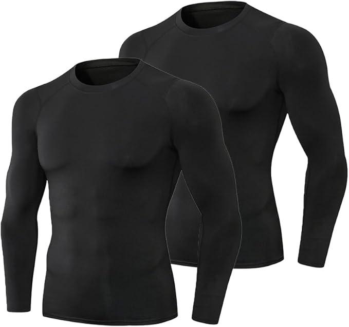 2 Pack Men's Compression Shirts Long Sleeve Quick Dry Workout Athletic Base Layer T-Shirts Sports Undershirt Large