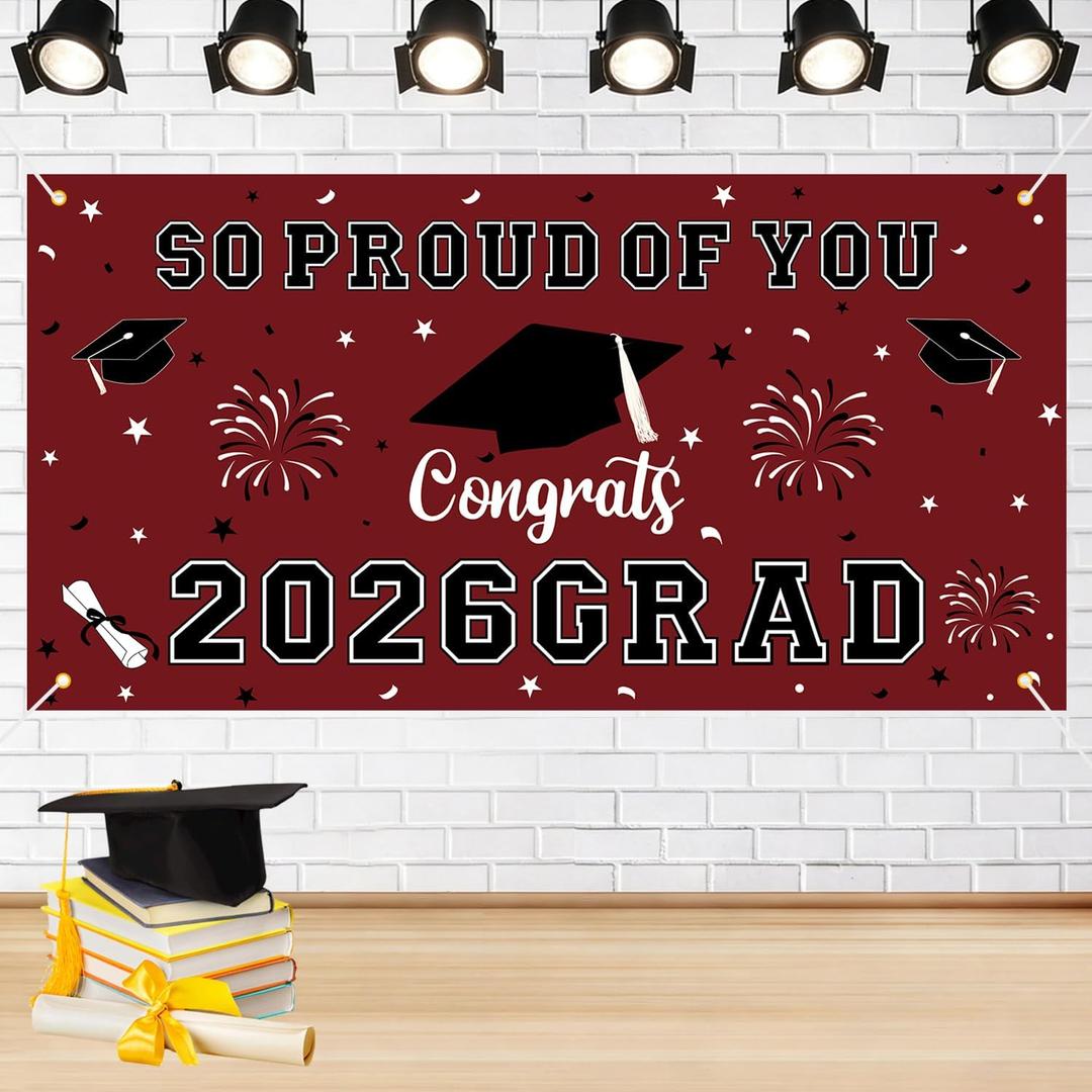 5 x Graduation Decorations 2026 Maroon Graduation Banner 66.1" x 33.8" Graduation Backdrop Congrats Grad Banner for Outdoor Indoor High School College Class of 2026 Graduation Party Decorations