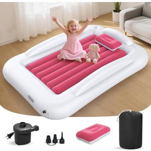Inflatable Toddler Travel Bed - 53 Inches Portable Toddler Bed for Travel with Safety Sides - Cozy Kids Air Mattress Set with High-Speed Pump & Carry Case - Easy to Inflate(Light Pink)