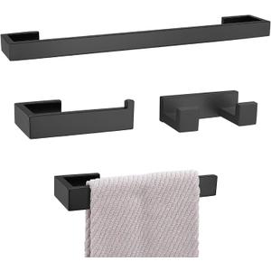 Matte Black Bathroom Hardware Set, 4-Piece Bath Towel Bar Set SUS304 Stainless Steel Towel Rack Set for Bathroom, 23.6 inches Bathroom Towel Holder Set Wall Mounted