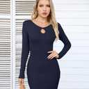 VICHYIE Women Dress Cutout Neck Bodycon Keyhole Ribbed Long Sleeve Tight Fall Mid Thigh Pencil Above Knee Mini Dresses Navy XL (Blue, XL)