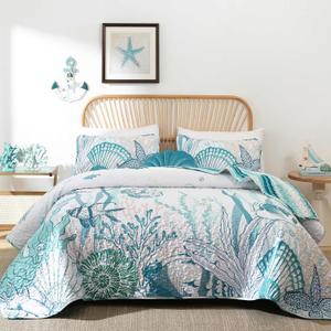 Djoymock Coastal Quilts Bedding Set Queen Size, Summer Green Fish Coral Nautical Bedding Quilt Set with Pillow Cases, Ocean Beach Reversible Bedspreads Coverlet Soft Microfiber Lightweight Comforter