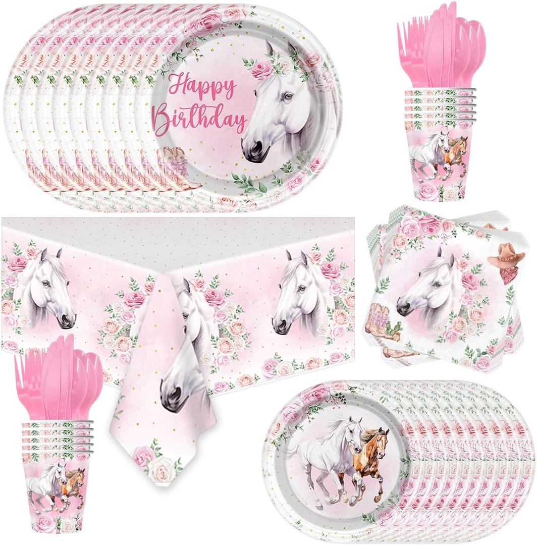 81Pcs Cowgirl Horse Party Decorations Tableware,Horse Lovers Party Tableware Set Pink Cowboy Girl Mustang Party Decorations.