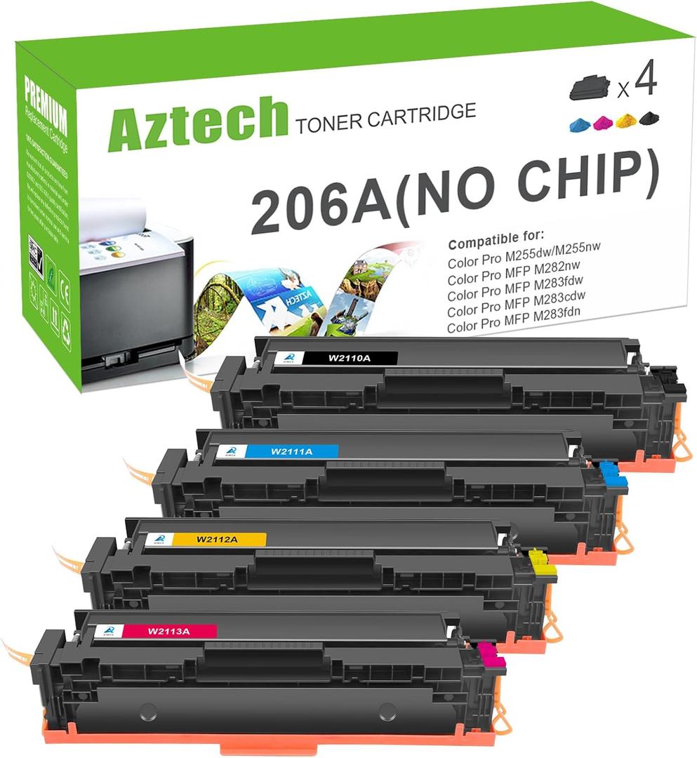 Aztech Compatible Toner Cartridges Replacement for HP 206A W2110A 206X W2110X for HP Color Pro MFP M283FDW M255DW M283CDW M283 M255 Printer Ink (Black Cyan Yellow Magenta, 4-Pack)