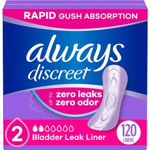Always Discreet Adult Incontinence & Postpartum Liners for Women, Size 2, Very Light Absorbency, Regular Length, 120 Count (Packaging May Vary)