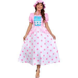 Women's Bo Peep Costume with Pink Bonnet Hat Polka Dot Dress Halloween Cosplay Outfit for Adult (X-Large)