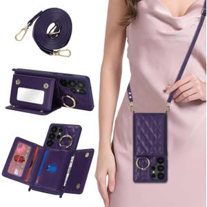 for Galaxy S25 Ultra Case with Card Holder and Strap for Women, Crossbody Lanyard, Make Up Mirror, Ring Stand, Snap Clasp, Cute Phone Wallet Cases 6.9 inch - Deep Purple