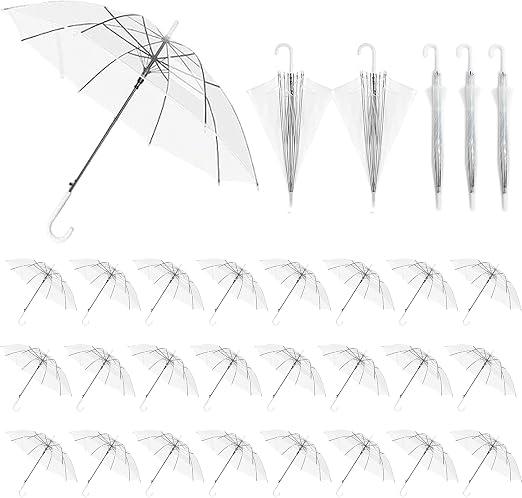 30 Pack Clear Wedding Umbrellas Bulk, Auto Open Stick Umbrellas with White European J Hook Handle Windproof Large Canopy Umbrella for Outdoor Wedding Bride Groom Photography GolfStick Umbrellas