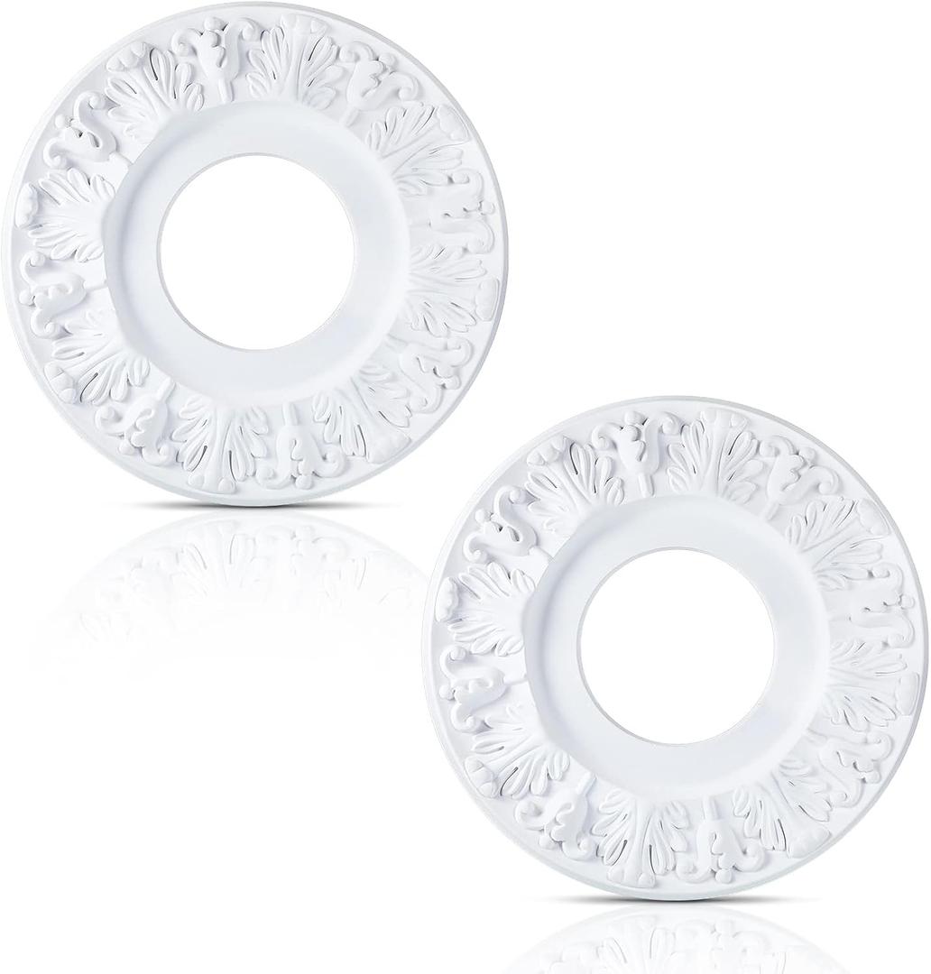 2 Pieces Ceiling Medallion Molded White PU Ceiling Medallions for Light Fixtures Cover Decorative Plate for Replacement Canopies Home Chandelier Fans 10"OD x3.5"ID