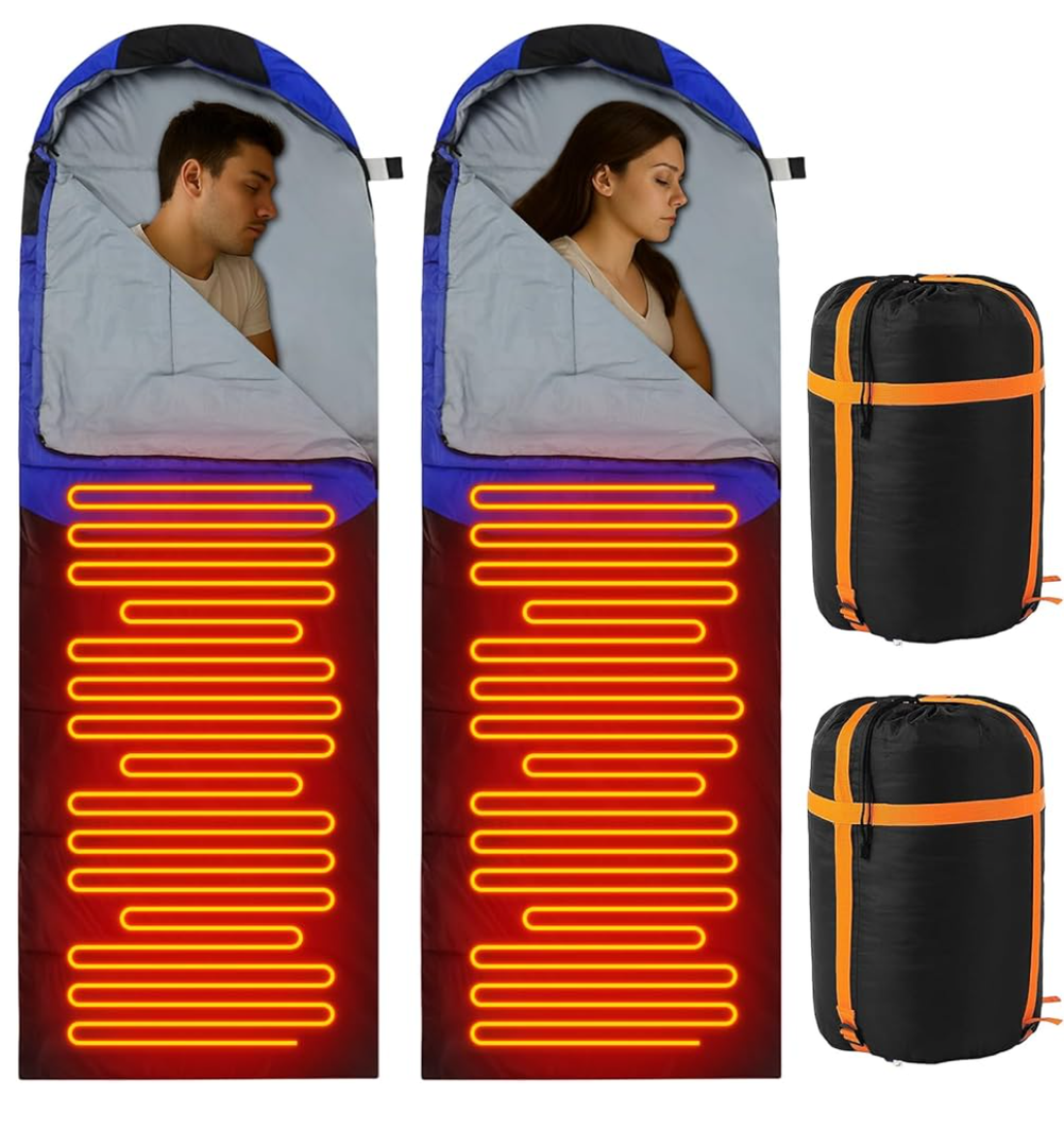 2 Pack Heated Sleeping Bag for Adults USB Electric Cold Weather Sleeping Bag with 4 Zone Carbon Fiber 3 Adjustable Heating Levels Waterproof for All Season Camping & Hiking