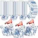 Domensi 100 Pcs Blue Floral Cupcake Wrappers Rustic Cupcake Liners Baking Cups Baking Liners for Wedding Bridal Baby Shower Birthday Party Supplies Dessert Decoration, Blue