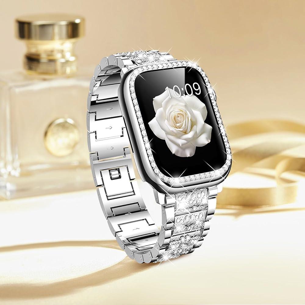 Mosonio Compatible with Apple Watch Band 44mm  with 2 Pack Case Women, Jewelry Replacement Metal Bands Strap with Bling PC Protective Case