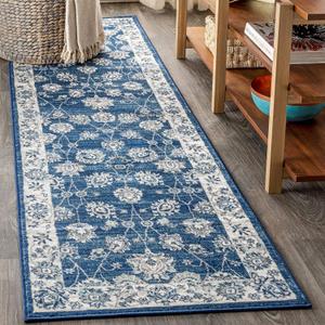 JONATHAN Y MDP101A-28 Modern Vintage Moroccan Traditional Indoor Runner Rug Floral Easy -Cleaning Bedroom Kitchen Living Room, 2 X 8, Navy/Light Grey