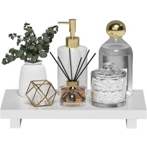 Bathroom Tray Decor, Small Bathroom Counter Organizer Wood Pedestal Stand, White Wood Tray for Kitchen Sink Vanity Countertop, Soap Dish Holder Display Risers 11.8" x 7" x 1.6"