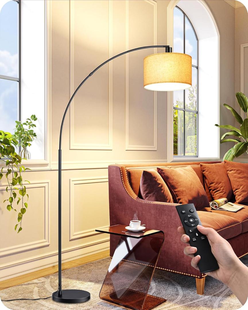 EDISHINE 78.3″ Modern Arc Floor Lamp with Remote, Tall Black Standing Lamp with Stepless Dimmable Bulb & 5 Color Temperature, Curved Mid Century Floor Lamps for Living Room, Bedroom, Nursey
