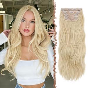 FESHFEN Clip in Hair Extensions for Women - 4 Pcs Thick Double Weft Long Wavy Soft Synthetic Blends Well Hair Extension, 20 inch Platinum Blonde