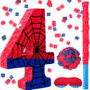 Number 4 Spider Web Piata Bundle with Blindfold Small Piata for Kids Birthday Party Decoration Mexican Fiesta Cinco De Mayo Anniversary Celebration Gift, 15.75 x 11 x 2.8 In(Red Blue)