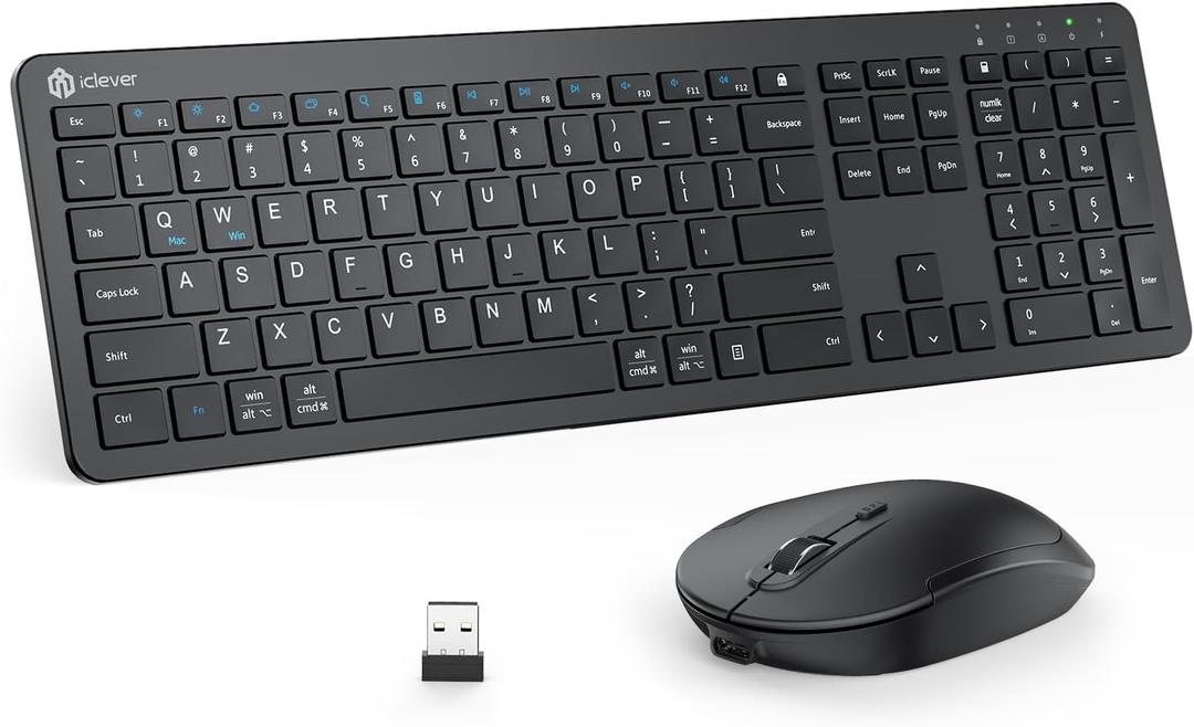 iClever GK08 Wireless Keyboard and Mouse - Ultra Slim Keyboard and Mouse Combo, Full Size Design with Number Pad, 2.4G Stable Connection Slim Keyboard and Mouse for Windows, Mac OS Computer (Black)