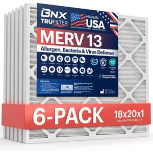 BNX TruFilter 18x20x1 Air Filter MERV 13 (6-Pack) - MADE IN USA - Electrostatic Pleated Air Conditioner HVAC AC Furnace Filters for Allergies, Pollen, Mold, Bacteria, Smoke, Allergen, MPR 1900 FPR 10