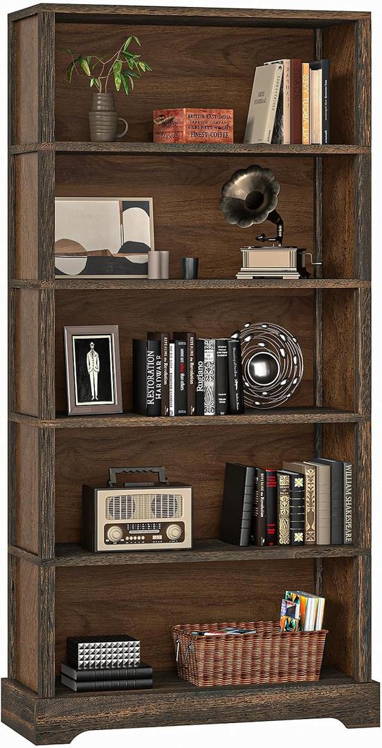 TVU 5-Tier Solid Wood Book Shelf, Floor Standing Bookcase, 65" H 31.5" W 11.8" D Bookshelf, Farmhouse Style Book Case with Arched Base, Suitable for Living Room, Study, Office, Walnut