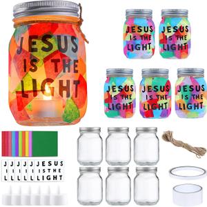 6 Set 2026 VBS Crafts Mason Jars Kit with Jesus Is The Light Stickers LED Candles Light Tissue Paper Twine for Sunday School Activities Christian DIY Projects Religious Decoration