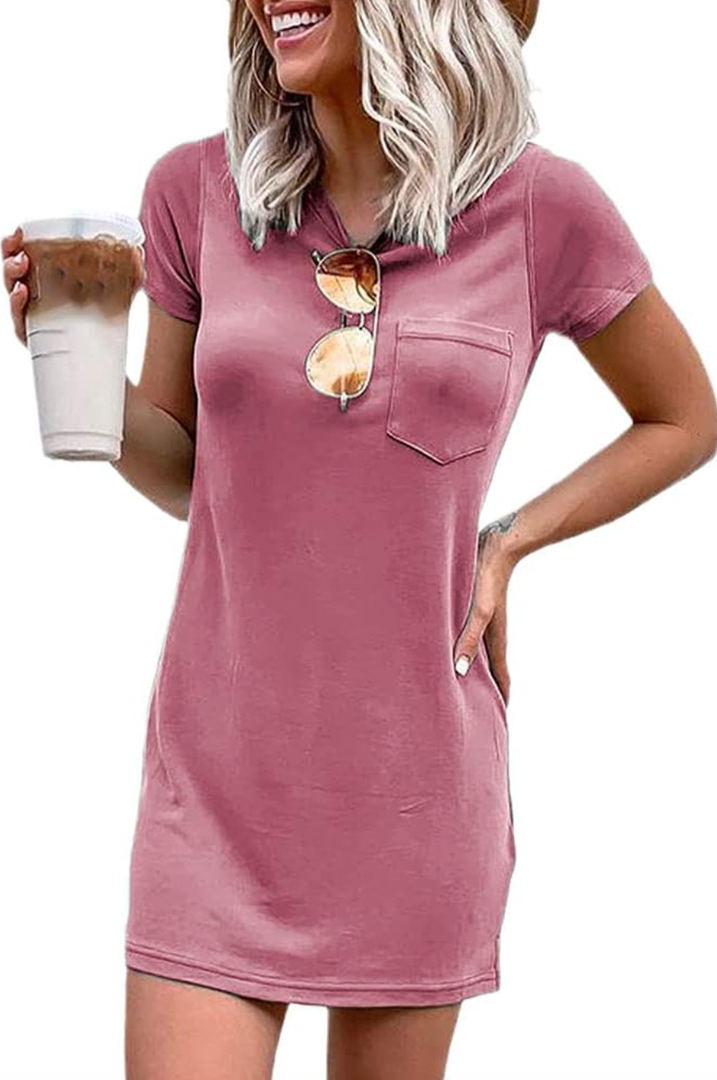 Ladiyo Women T Shirt Dress Summer Fashion Mini Dress Crew Neck Short Sleeve Dress Solid Color Casual Dress with Pocket (Small, A-army Green)