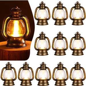 Ferraycle 12 Pcs Mini Lantern Decor Western Lantern Table Centerpiece Small Vintage Camping Hanging Lamp Ornaments Bulk for Cowboy Cowgirl Wedding Halloween Christmas (4 Inch,Retro Gold)