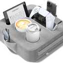 Couch Cup Holder Pillow, Sofa and Bed Caddy for iPad, Kindle, Switch, Game Controller, Remotes, Phones, Small-Sized Cup & Drink Holder for Couch, Bed, Desk, Car, Beach, Bathroom Cup Holder (Ash Gray)