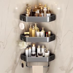 Shower Caddy Corner 3 Pcs, Adhesive&Drilling Shower Organizer, Rustproof Carbon Steel Shower Shelves With 6 Hooks And One Towel Bar, Bathroom Organizers And Storage Racks, For Family, Grey