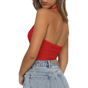 Artfish Women's Sexy Scoop Neck Halter Crop Top Backless Knit Rib Basic Cami Tank Tops (Bright Red), S