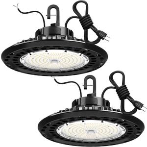 YXL 240W 2 Pack Super Bright UFO Led Shop Lights, 36000LM 5000K, 0-10V Dimmable, US Plug 5' Cable, 100-277V High Bay Lights for Shop, Barn, Warehouse, UL Listed, Black