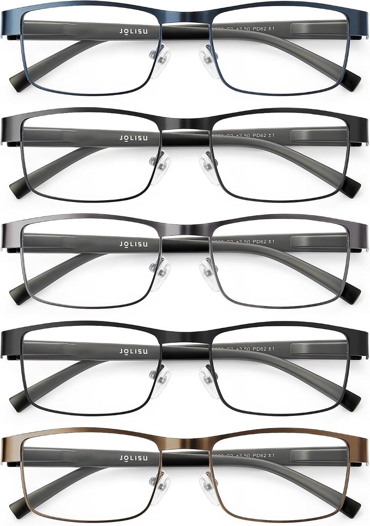 JOLISU 5PCS Reading Glasses Men - Blue Light Blocking Computer Metal Thin Frame Readers For Mens/Women, +2.00