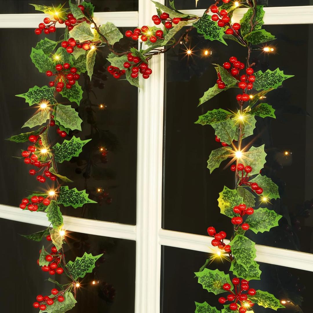 ATDAWN 7 FT Red Berry Christmas Lighted Garland, Battery Operated Christmas Garland with Lights, Flexible Artificial Garland for Indoor Home Fireplace Christmas Holiday New Year Decoration