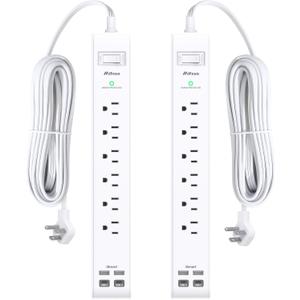 Pack of 2 Power Strip, 12FT Long Extension Cord, Surge Protector with 6 Outlets and 4 USB Charging Ports(2 USB C), Flat Plug Overload Protection, Wall Mount for Home Office Dorm College