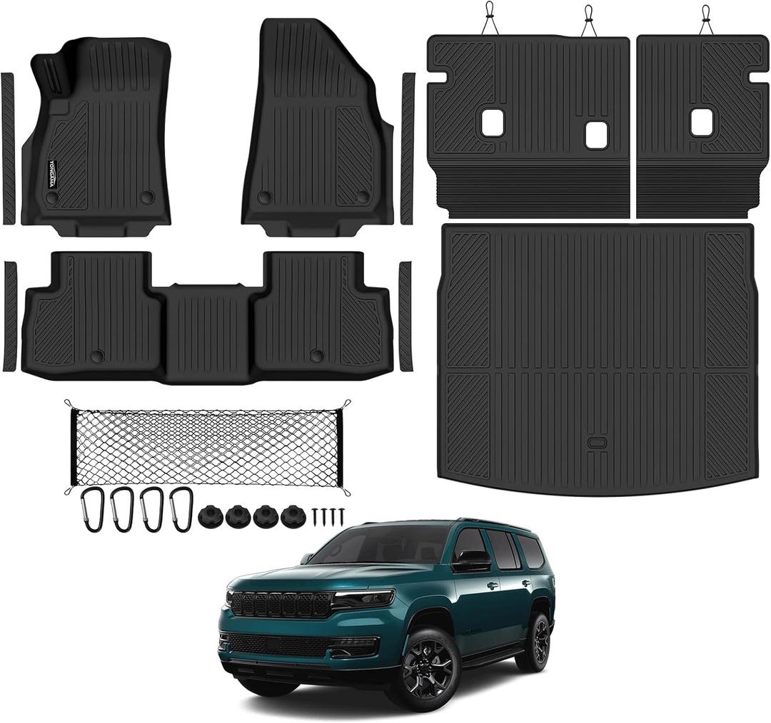 Floor Mat Set for 2026 Jeep Cherokee Hybrid(Not for Grand Cherokee) | All Weather TPE Floor Liners and Trunk Mat and Backrest Mats and Cargo Net and Door Sill Guards for Cherokee Accessories