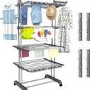 5 Tier Clothes Drying Rack Oversized, Foldable& Adjustable Height Rolling Clothes Rack Stainless Steel with 4 Castor, 32 Drying Poles,14 Hook& 4 Sock Clippers, Drying Rack Clothing for Indoor& Outdoor