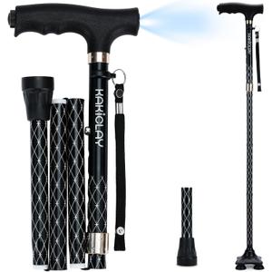 KAKICLAY Folding Walking Cane with LED Light for Women & Men - Foldable, Adjustable, Collapsible Lightweight Aluminum Walking Stick for Seniors & Adults