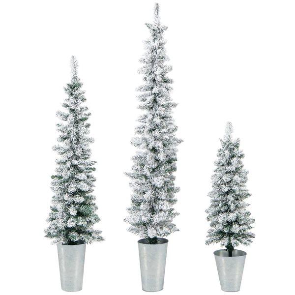2-Pc Potted Artificial Snow-Flocked Slim Christmas Tree Set
