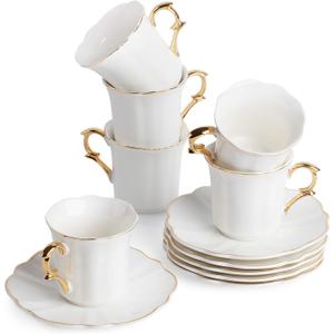 Brew To A Tea White Espresso Cups with Saucers, Set of 6 (3 oz), Porcelain Turkish Coffee Cup Set with Gold Trim Design & Gift Box, Dishwasher Safe