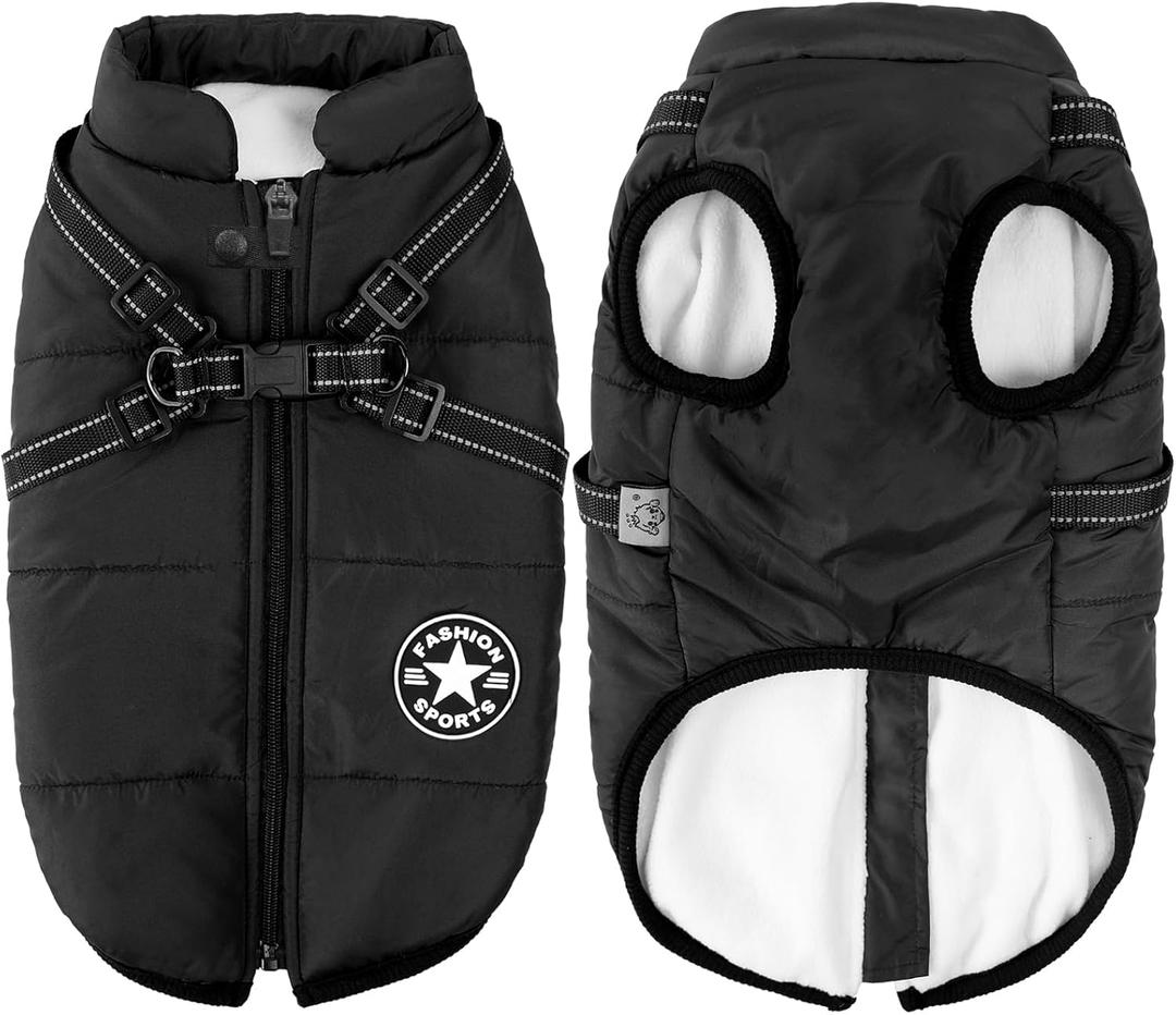 Aiboria Dog Coat for Winter Waterproof Dogs Jackets Windproof Fleece Small Dog Vest Harness Winter Warm Dog Jacket Padded Pet Black L (Large, Black)