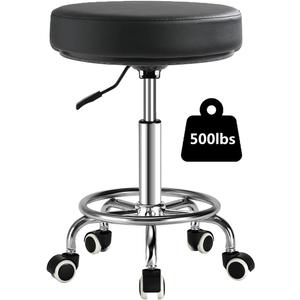 Adjustable Rolling Stool with Wheels Heavy Duty 500lb Round Rolling Stool with Footrest, Patent Leather Drafting Stool Chair with Wheels Work Spa Salon Seat, Black (Black)
